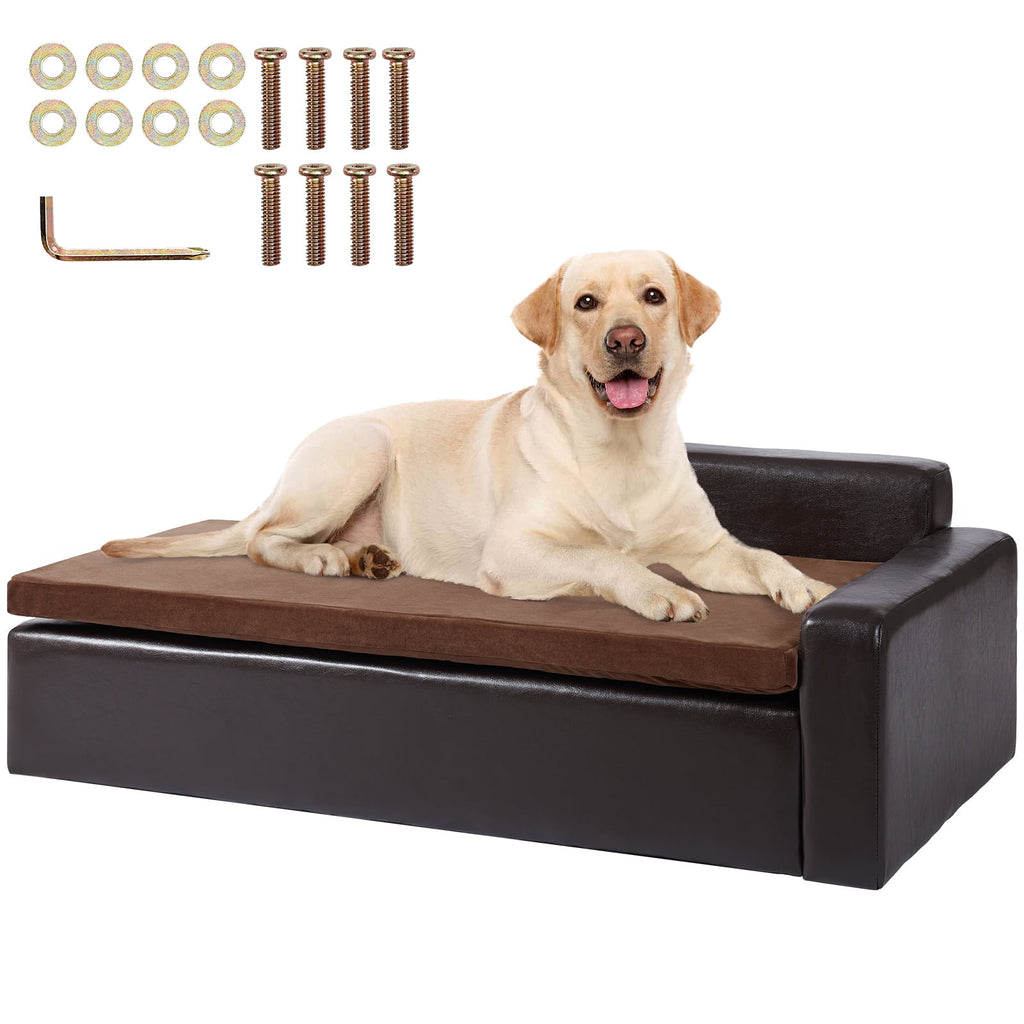 KFFKFF Pet Couch, Large Dog and Cat Soft Leather Lounge, Supports up to 110 lbs, Black
