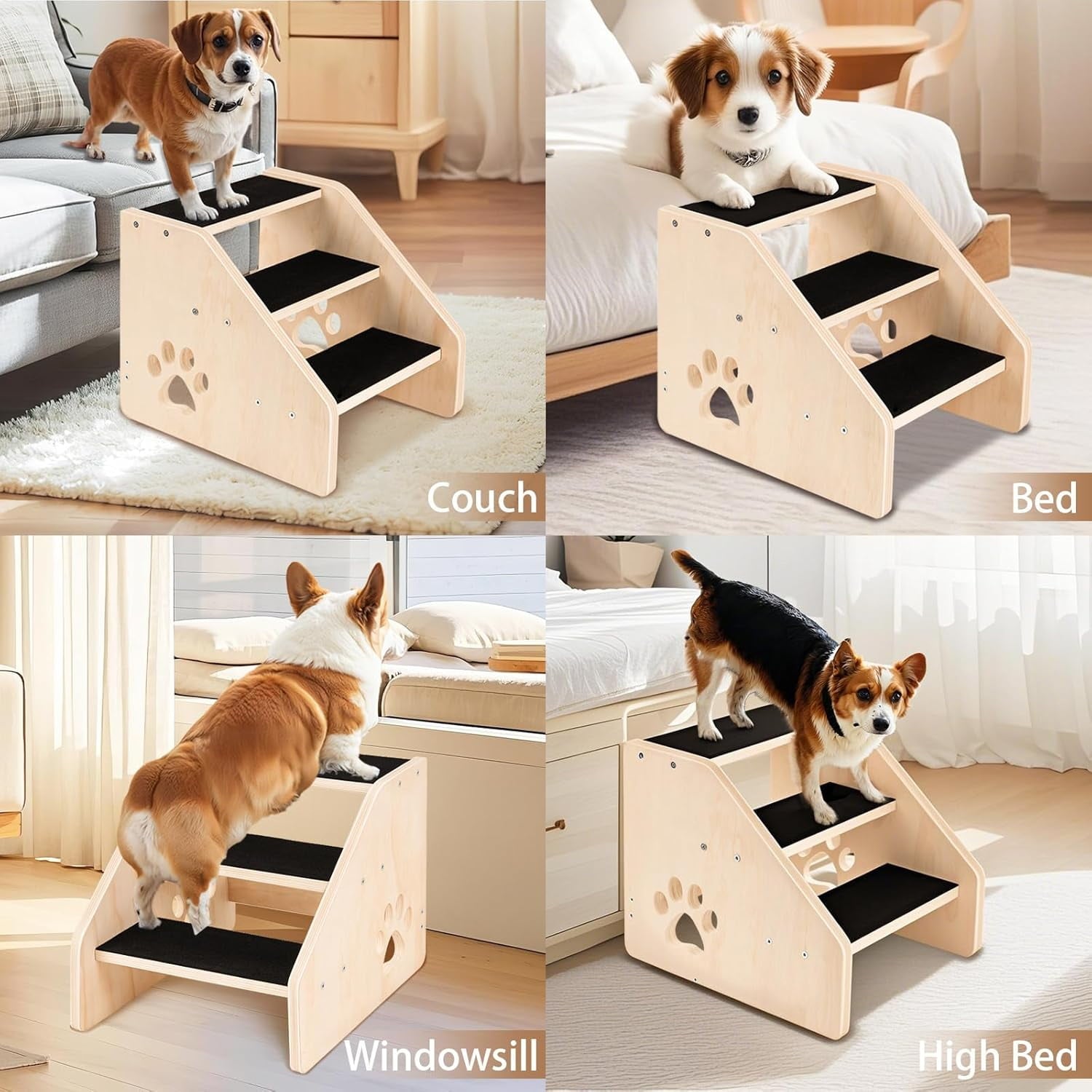 Dog Stairs, Wooden 3-Step Dog Ramp for Small Medium Older Cat, Puppy Essentials Pet Step Ladder for High Bed Couch Car