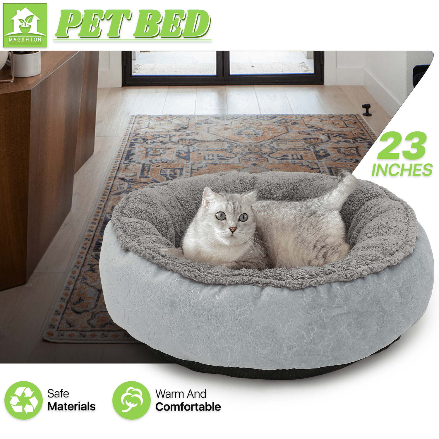 Magshion Calming Donut Dog Bed for Small to Large Dogs, Cat & Puppy Bed: Anti Stability, Luxurious Comfort, Cozy Soft Short Plush Round Pet Bed, Dark Gray