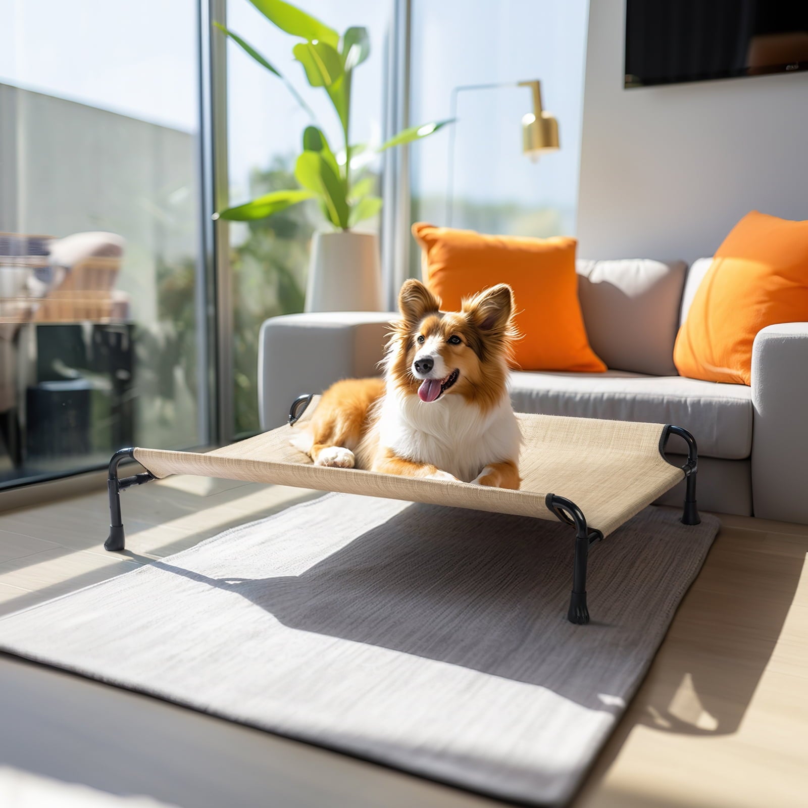 Veehoo Cooling Elevated Dog Bed with Guardrail, Teslin Mesh, Camping Dog Cot, Medium, Beige Coffee