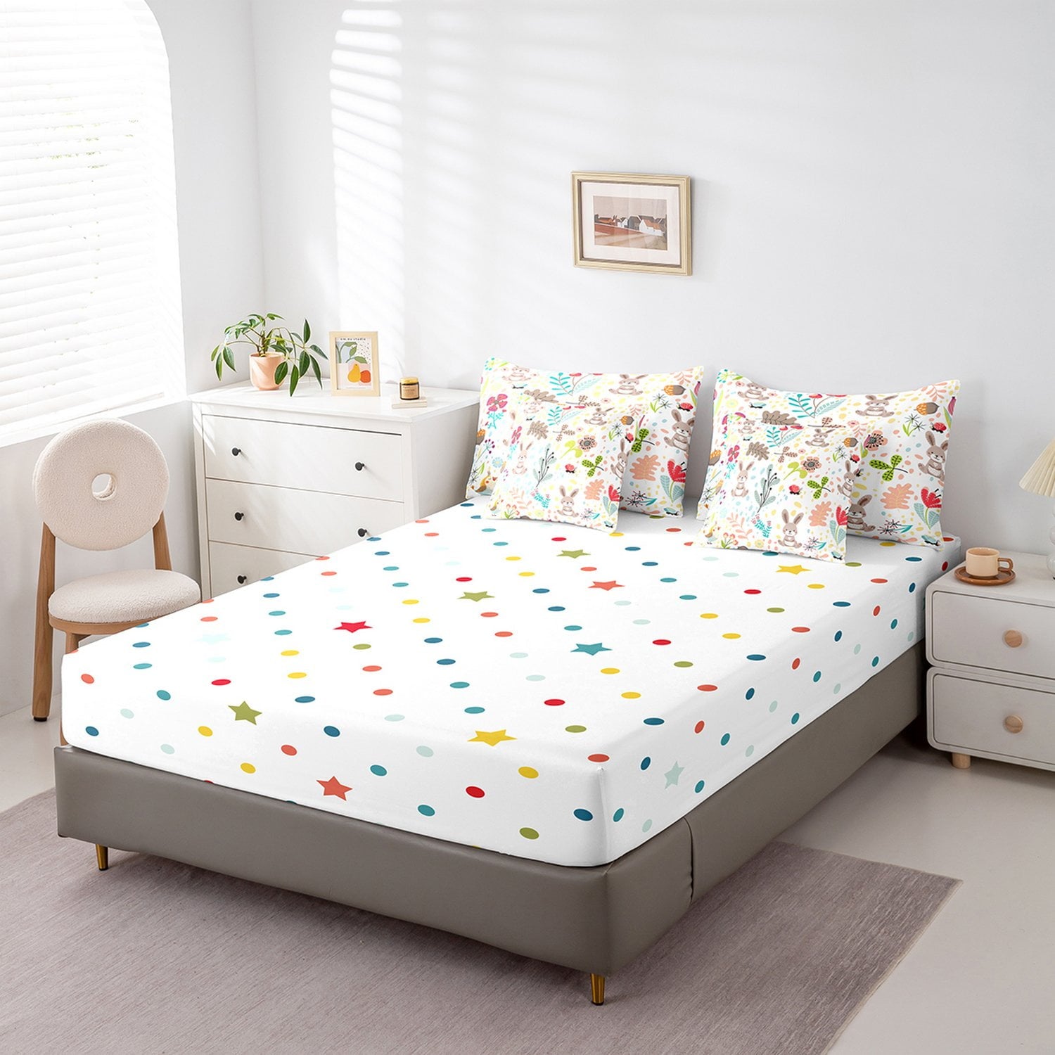 Erosebridal Rabbit Bedding Set Twin,Cute Rabbit Bed In A Bag 7 Piece ,Cartoon Rustic Animal Comforter Set With Sheets Kawaii Woodland Leaves Flower Sheet Set With Comforter