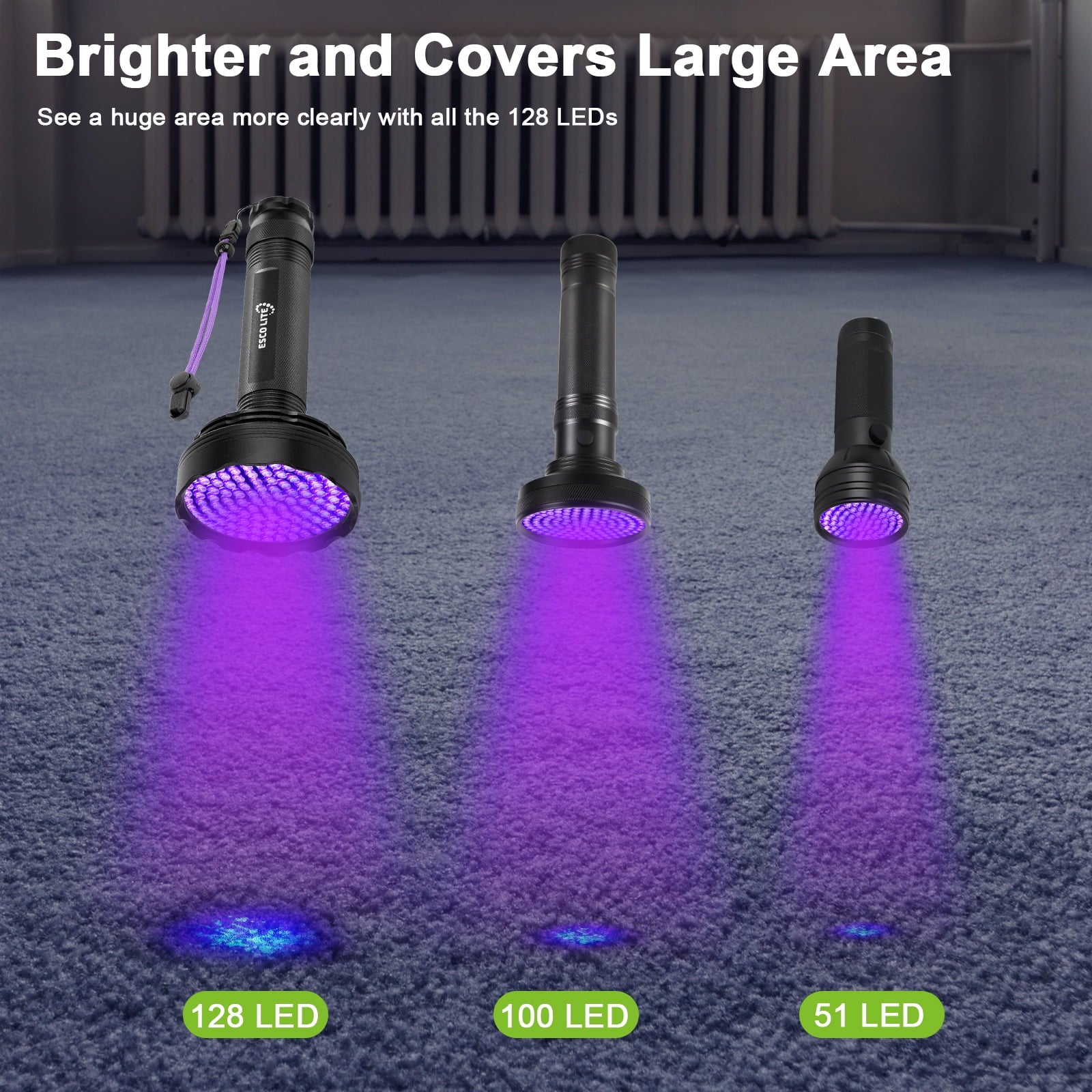ESCO LITE Blacklight Flashlight 128 LED UV Flashlight, Upgraded Bright 395nm Handheld Ultraviolet Flashlight for Pet Urine Detection, Scorpion Hunting