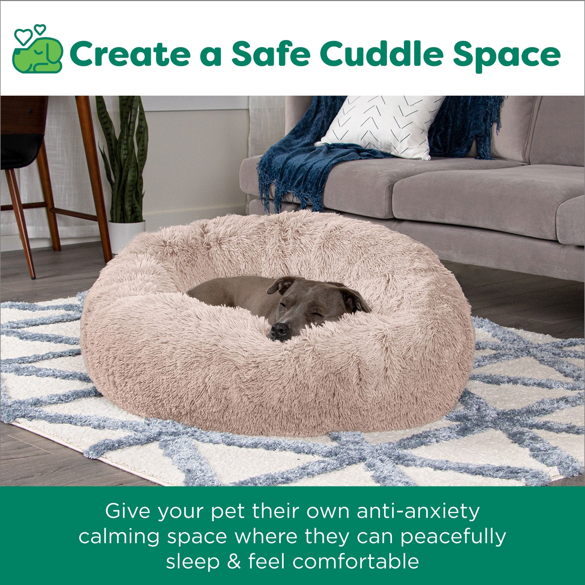 Furhaven 23" Round Calming Donut Dog Bed with Washable & Removable Cover & Bolster - Shaggy Plush Long Faux Fur Ball Bed - Taupe, For Dogs Up to 20 lbs, Small