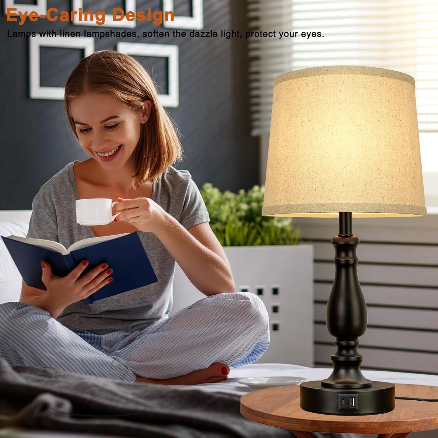 DEALTouch Control Bedside Lamps with 2 USB Charging Ports, 3 Ways Dimmable Nightstand Lamps with A19 6W LED Bulb, USB Modern Table Lamps with Fabric Shade for Bedroom, Living Room, Office Set of 2