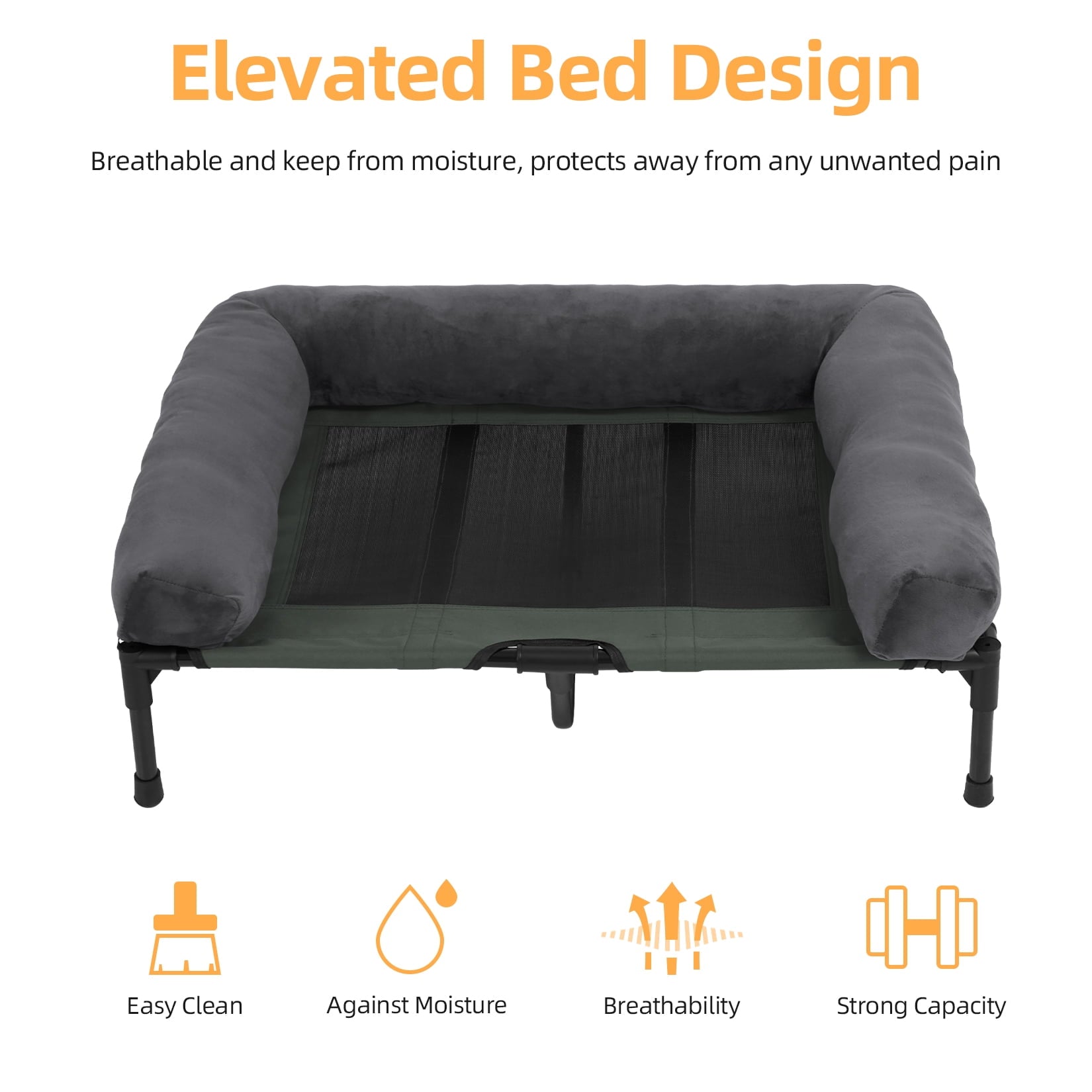 Bingopaw 4 in 1 Elevated Pet Dog Bed with Bolster, Gray, Extra Large, 43"L